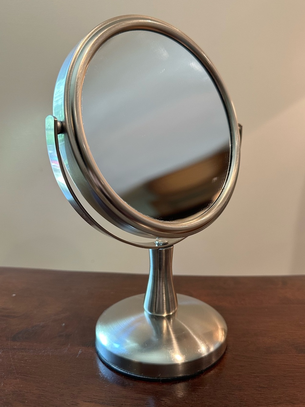 Countertop makeup mirror • stainless steel • magnifying and standard mirrors